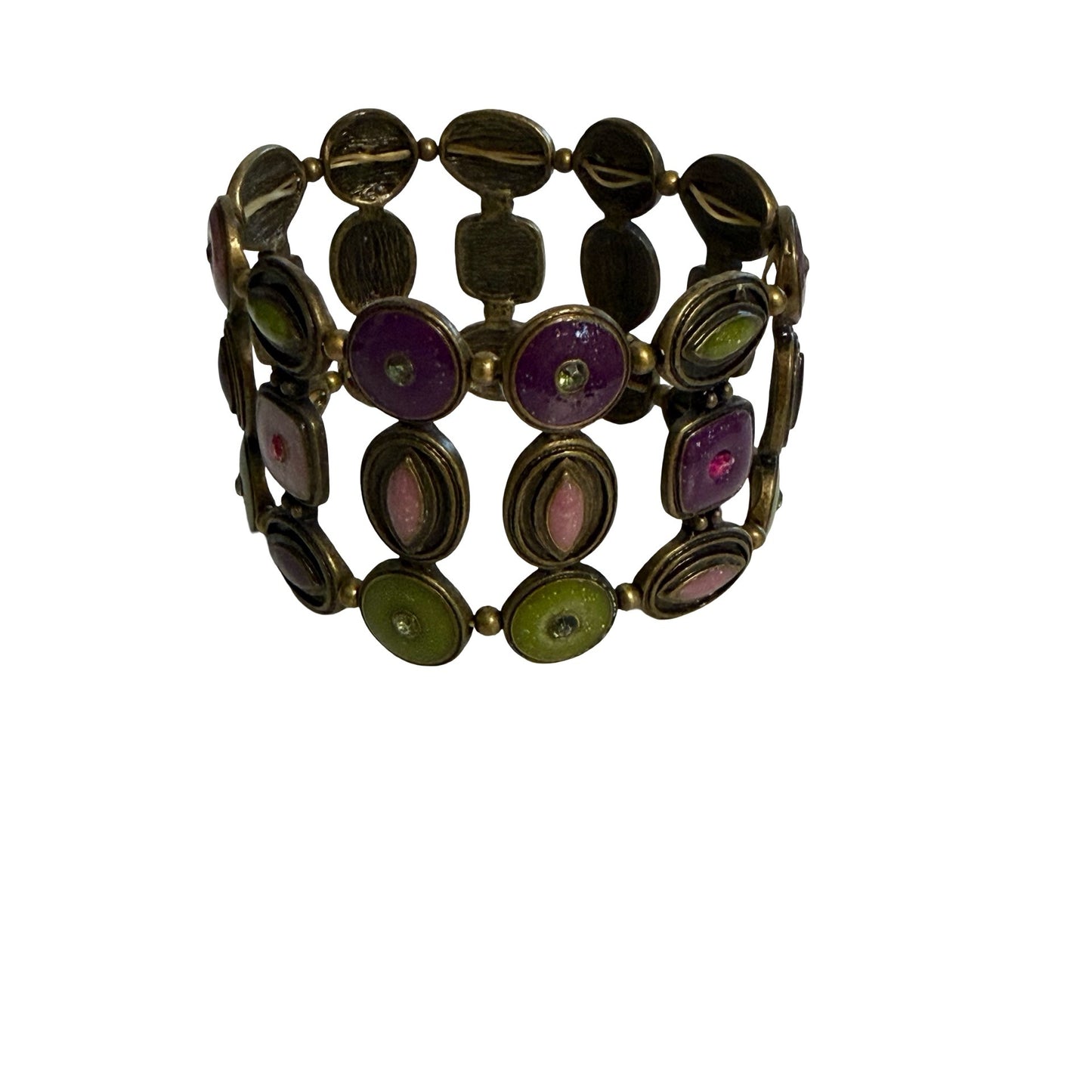 Vintage Stretch Bracelet Purple Pink Green Enamel Rhinestone Panel Cuff Boho