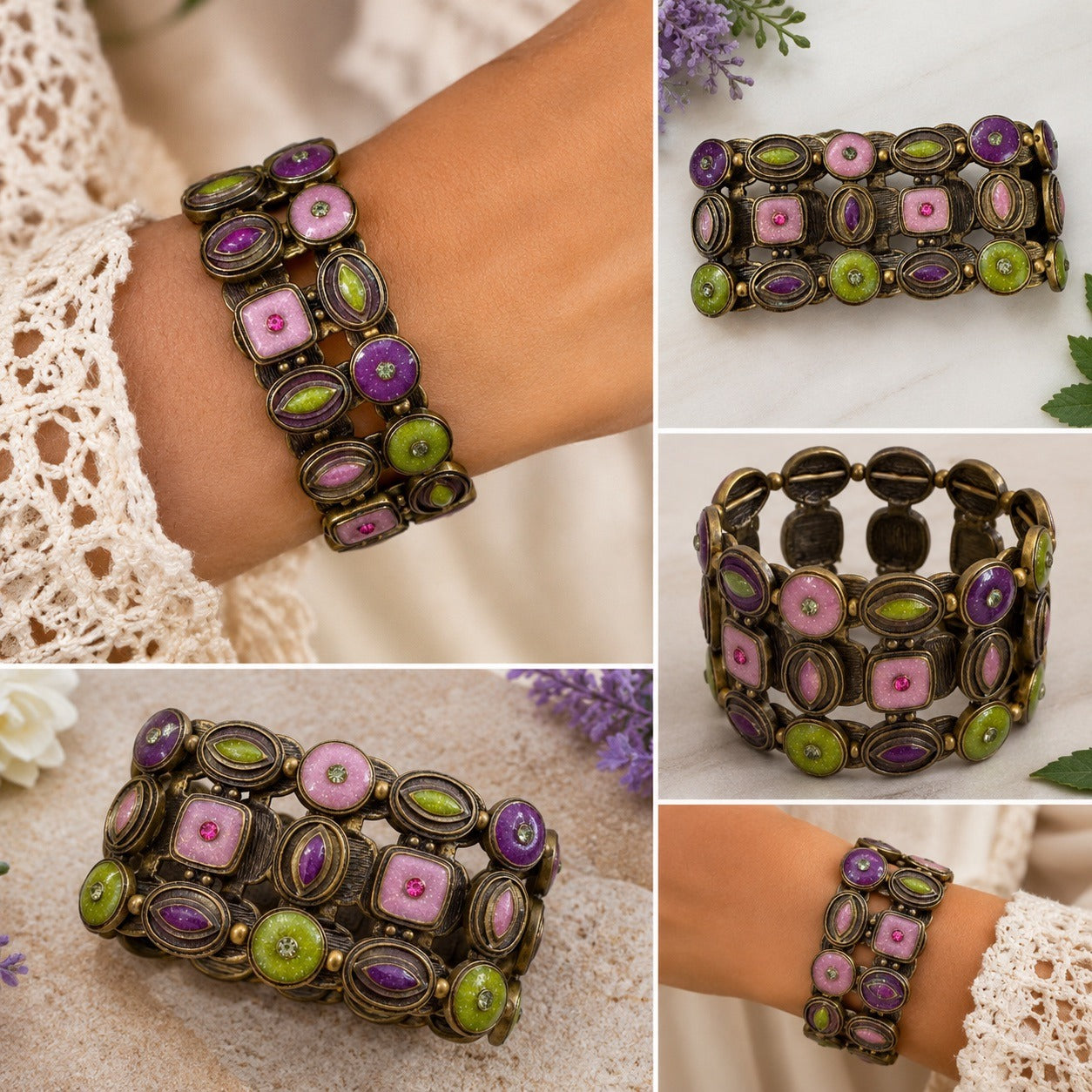 Vintage Stretch Bracelet Purple Pink Green Enamel Rhinestone Panel Cuff Boho