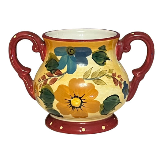 Oneida Kitchen Sunset Bouquet Sugar Bowl – Hand Painted Floral Stoneware – Dual Handles – 1990s
