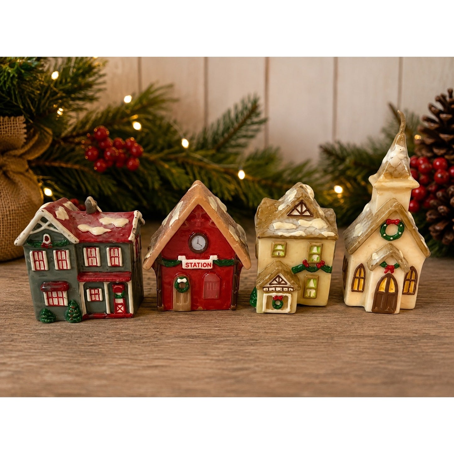 Vintage 1980s Russ Berrie Christmas Village House Candles Set of 4 Style 2294 Macau