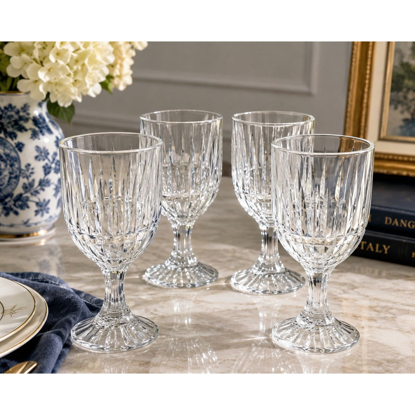Set of 4 Vintage Italian Crystal Water Goblets Cut Glass Stemware 7.5"