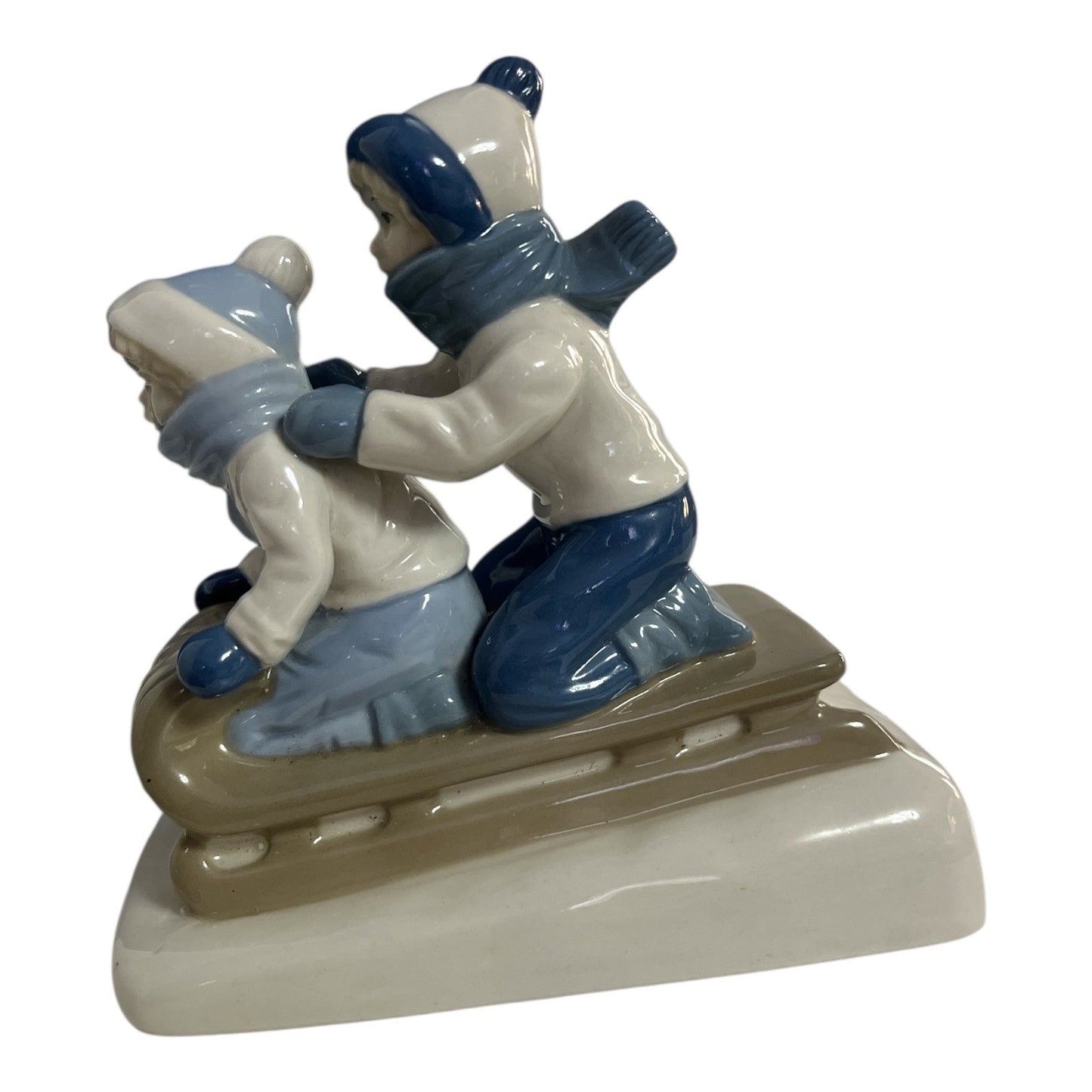 Porcelanas de Cuernavaca Mexico 1992 Porcelain Children Sledding Figurine