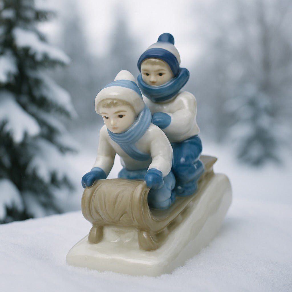 Porcelanas de Cuernavaca Mexico 1992 Porcelain Children Sledding Figurine
