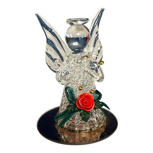 Spun Glass Angel Figurine with Red Rose – Mirrored Base – Made in China – Holiday or Memorial Display