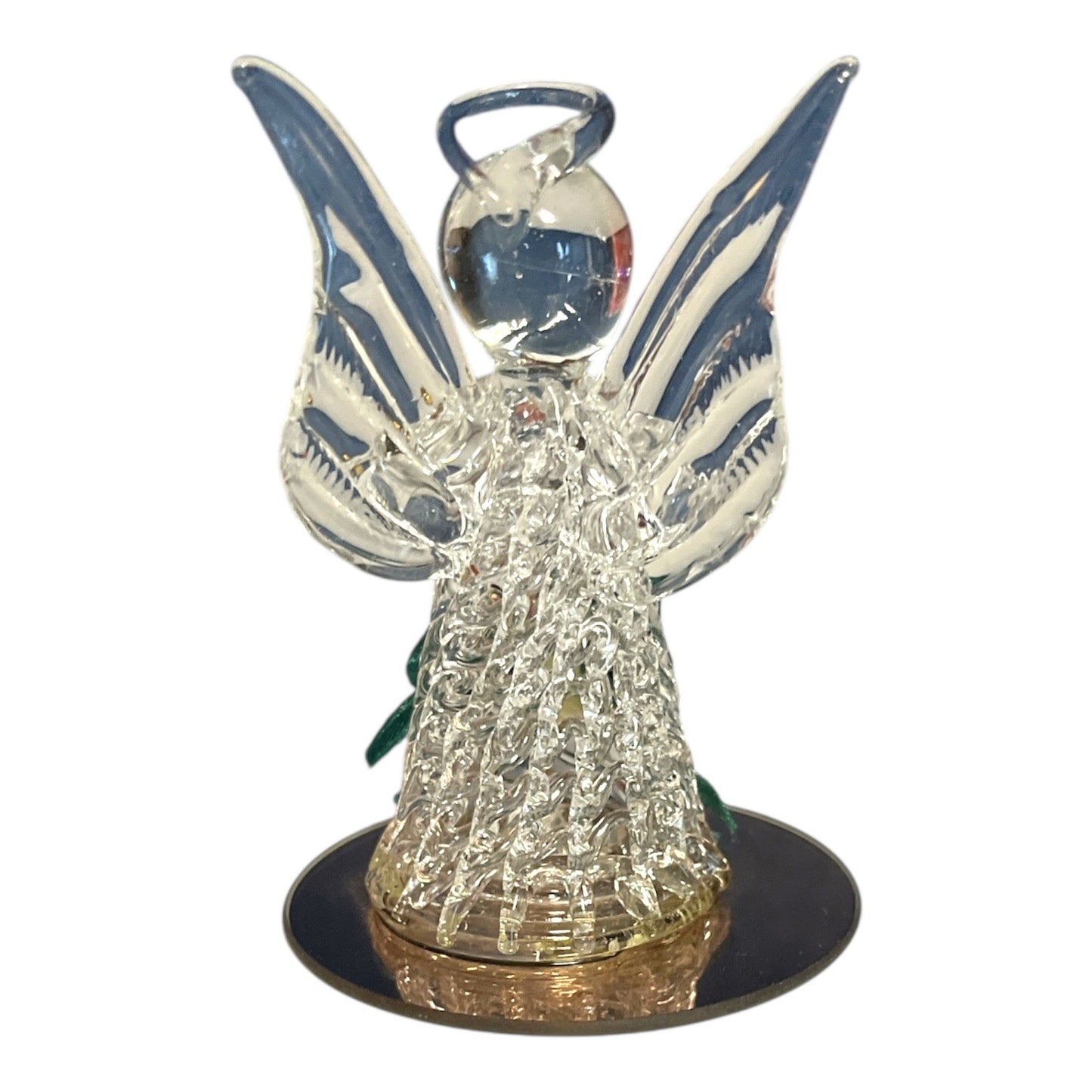 Spun Glass Angel Figurine with Red Rose – Mirrored Base – Made in China – Holiday or Memorial Display