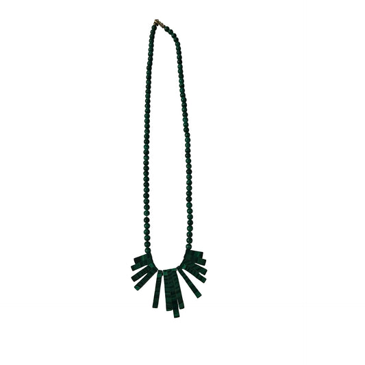 Vintage Green Malachite Style Necklace Fan Fringe Statement Beaded 14 Inch Collar