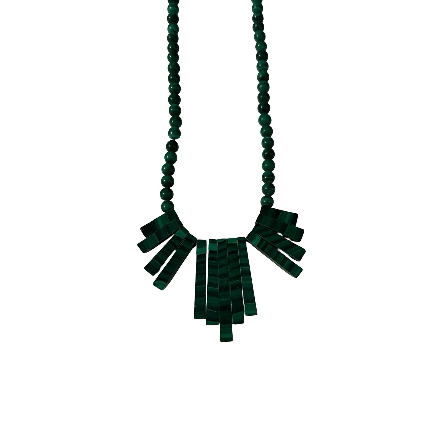 Vintage Green Malachite Style Necklace Fan Fringe Statement Beaded 14 Inch Collar
