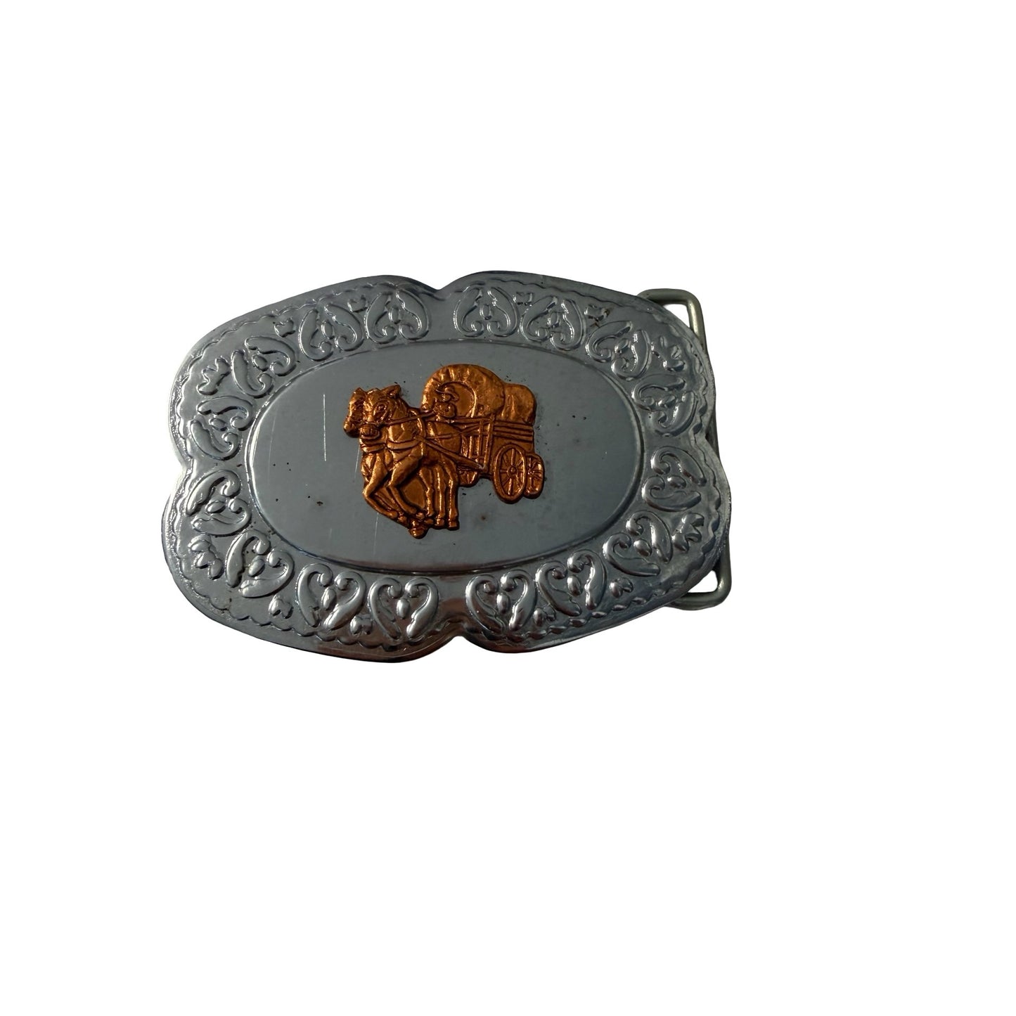Vintage Hong Kong Covered Wagon Belt Buckle Silver Tone Western Cowboy