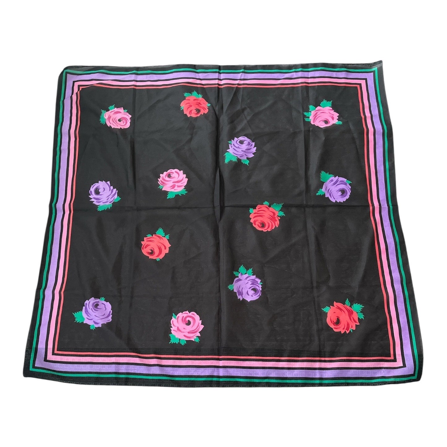 Vintage Italian Floral Scarf Black Pink Purple Roses Border Print 30” Square
