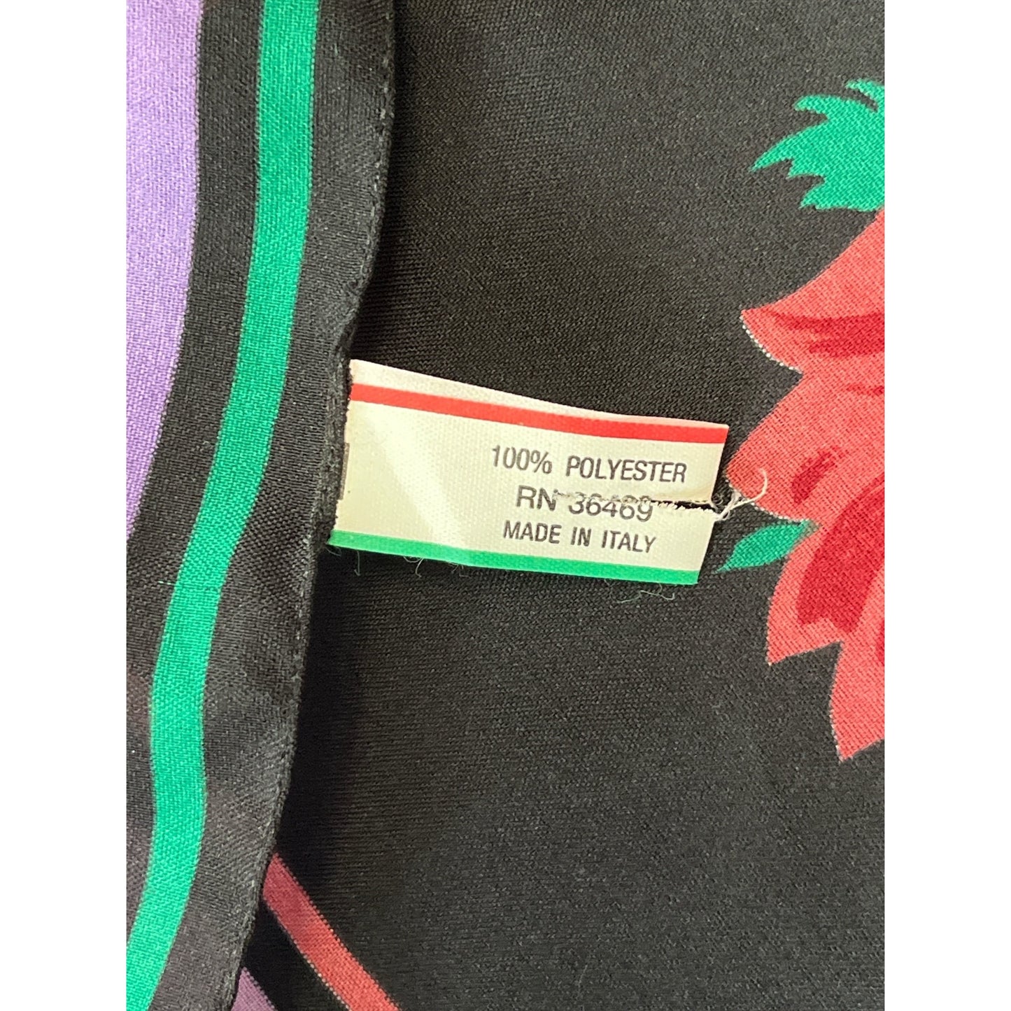 Vintage Italian Floral Scarf Black Pink Purple Roses Border Print 30” Square