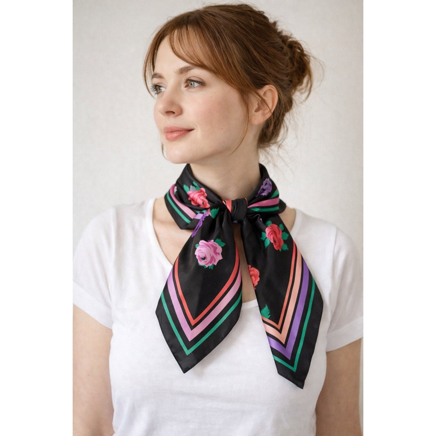 Vintage Italian Floral Scarf Black Pink Purple Roses Border Print 30” Square