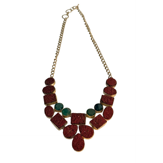 Sterling Silver 925 Druzy Agate Statement Necklace Burgundy Green Geometric 18"