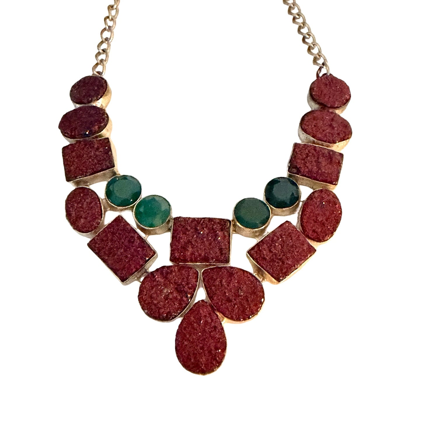 Sterling Silver 925 Druzy Agate Statement Necklace Burgundy Green Geometric 18"