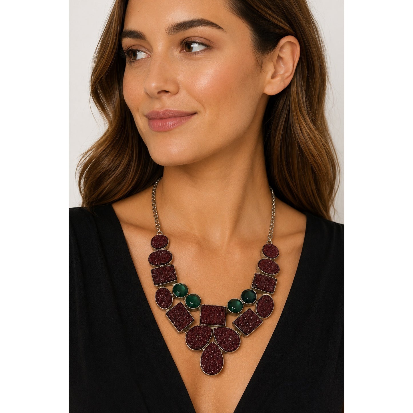 Sterling Silver 925 Druzy Agate Statement Necklace Burgundy Green Geometric 18"