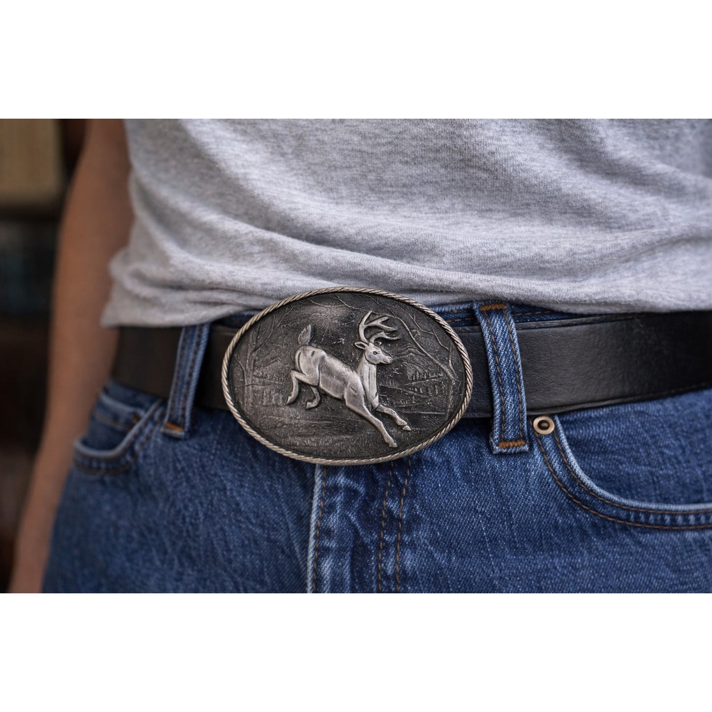 Vintage Deer Belt Buckle Great American Buckle Co Chicago 472 Made in USA Pewter 3.5”