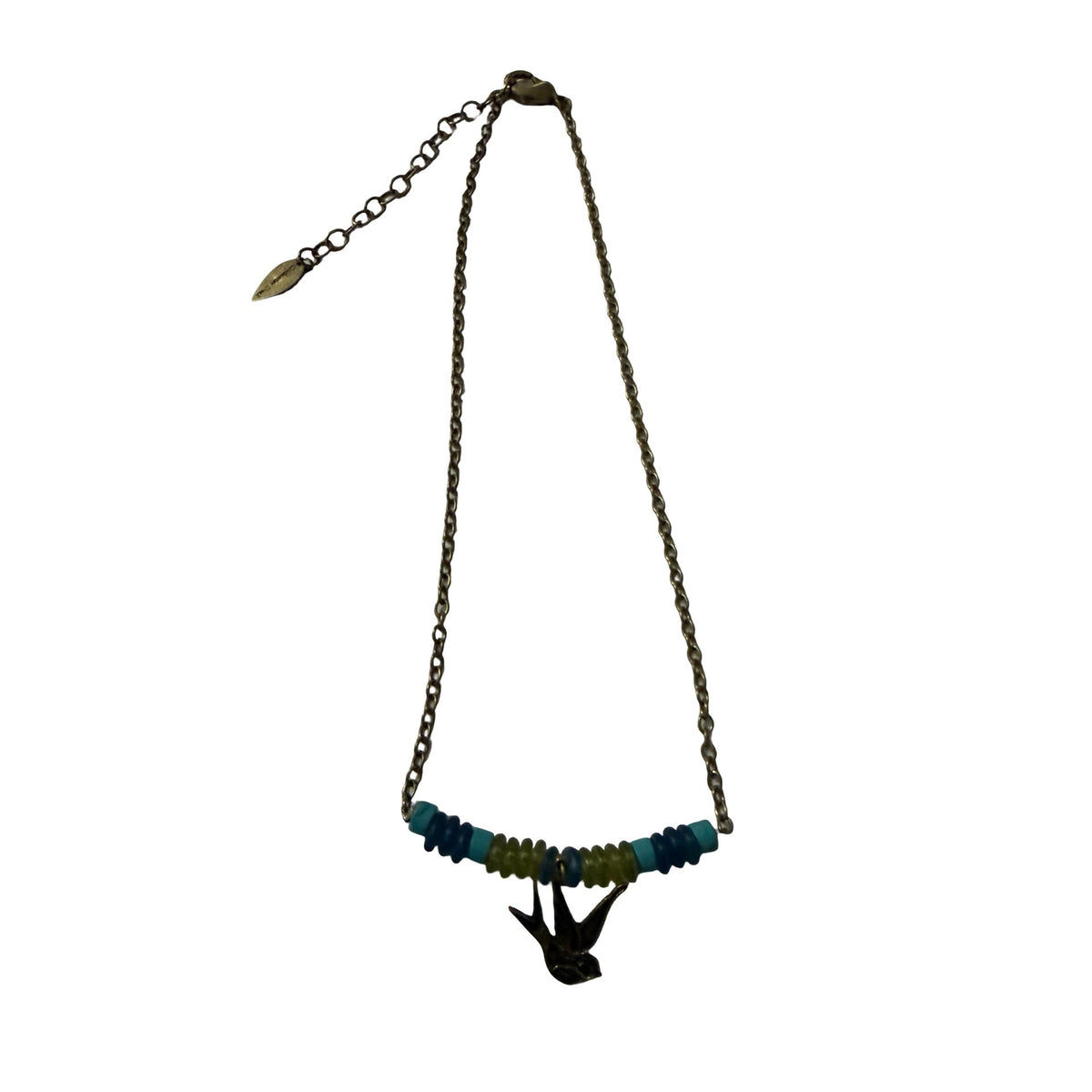 Coldwater Creek Swallow Bird Charm Necklace Blue Green Beads 16 Inch