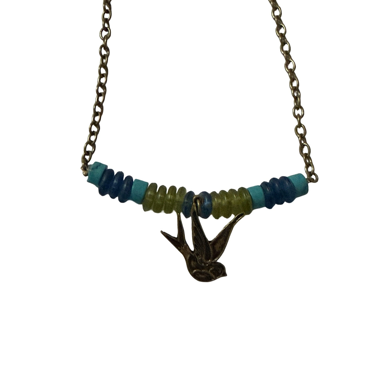Coldwater Creek Swallow Bird Charm Necklace Blue Green Beads 16 Inch