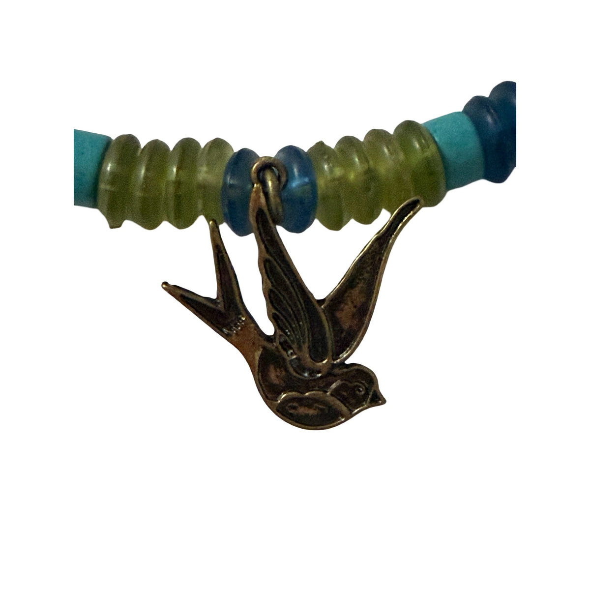 Coldwater Creek Swallow Bird Charm Necklace Blue Green Beads 16 Inch