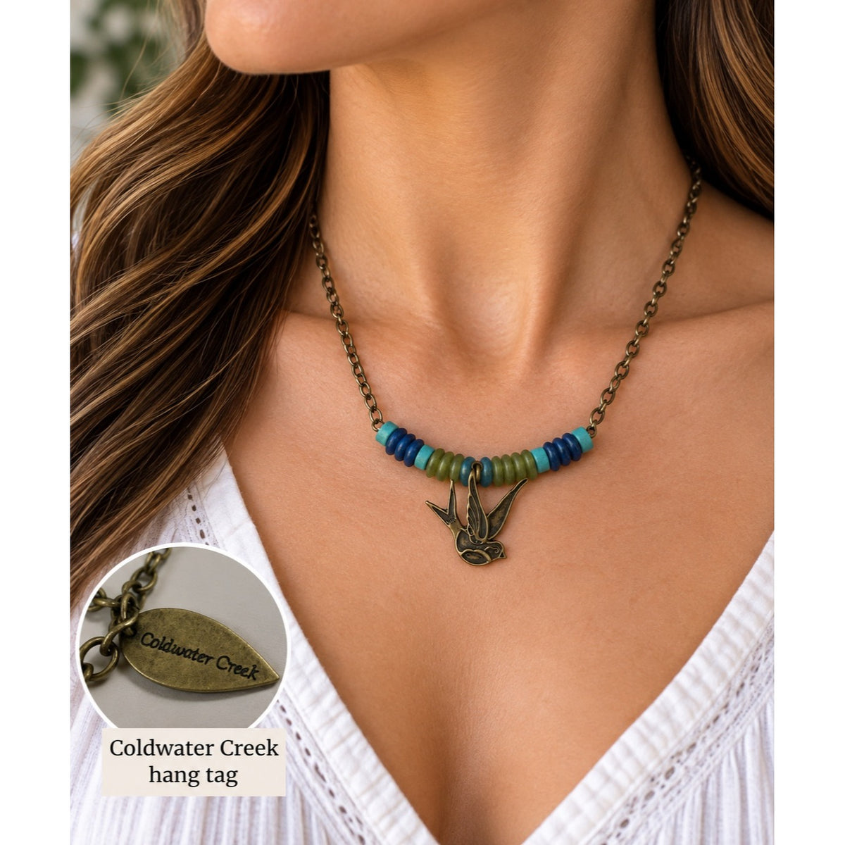 Coldwater Creek Swallow Bird Charm Necklace Blue Green Beads 16 Inch