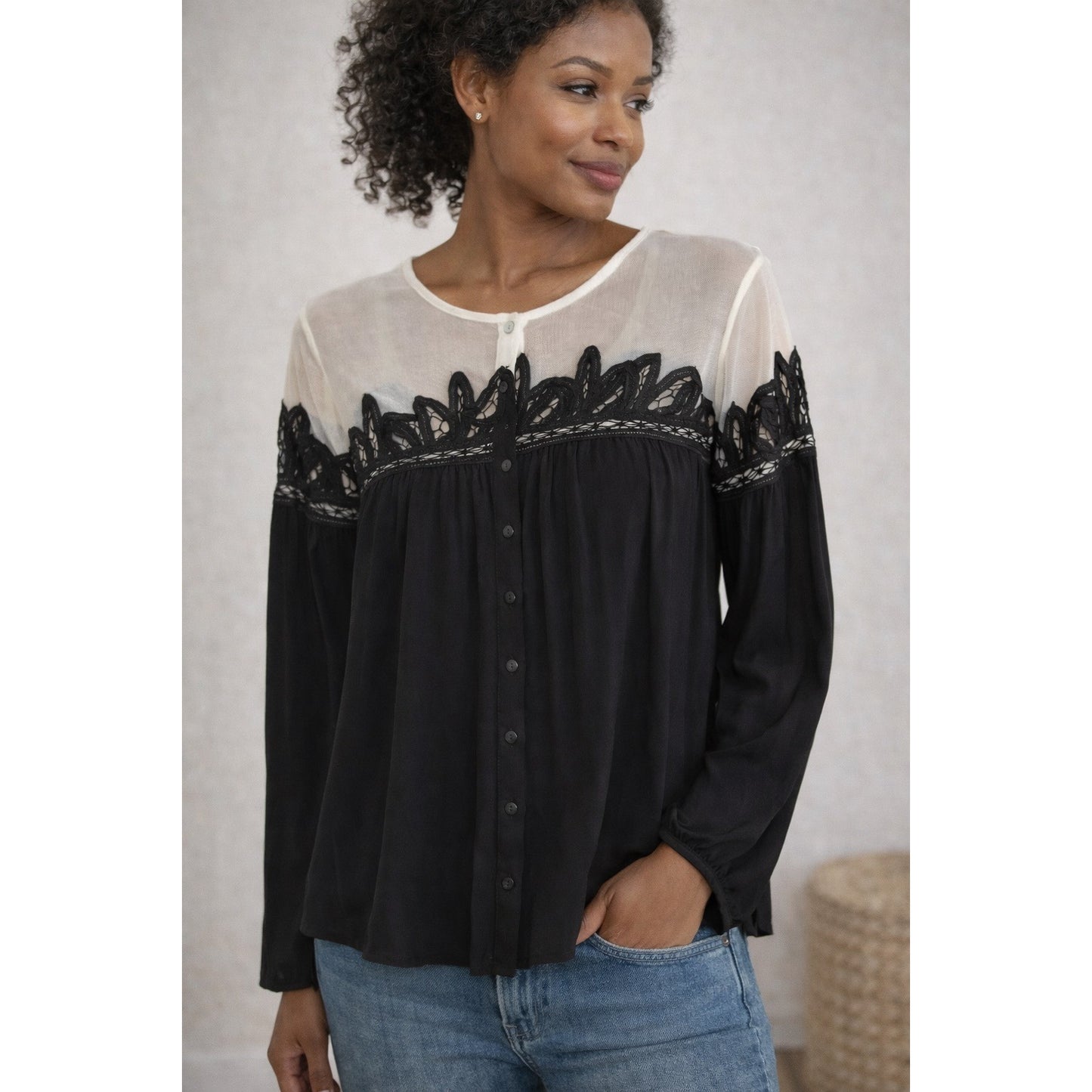 LaBellum Hillary Scott Black Lace Blouse Small Sheer Mesh Yoke Top NWT