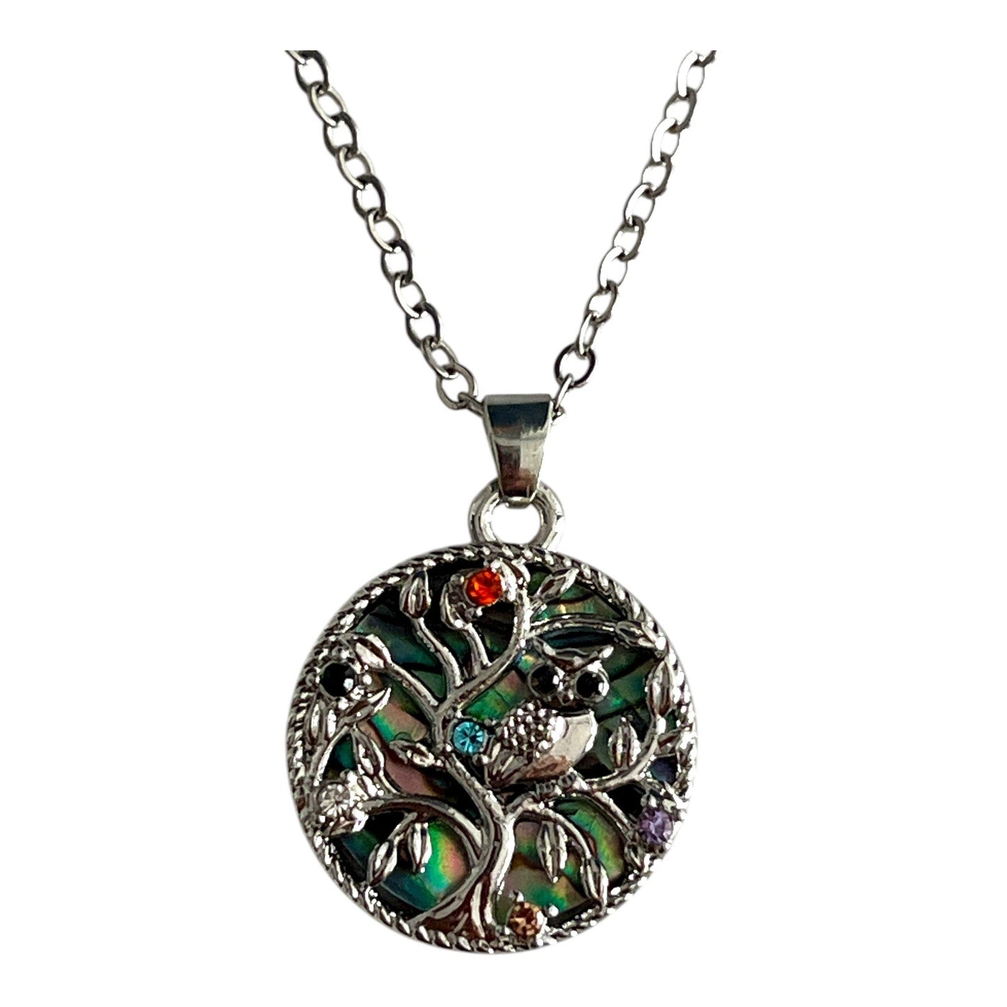 Tree of Life Owl Pendant Necklace with Abalone Shell Inlay & Multicolor Rhinestones