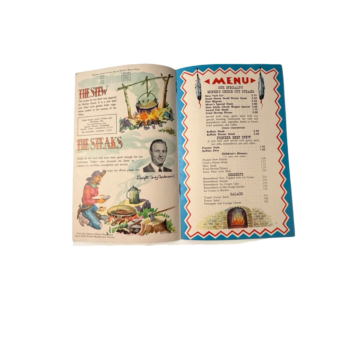 Vintage 1957 Knott's Berry Farm Steak House in Ghost Town Menu Souvenir Booklet Buena Park CA