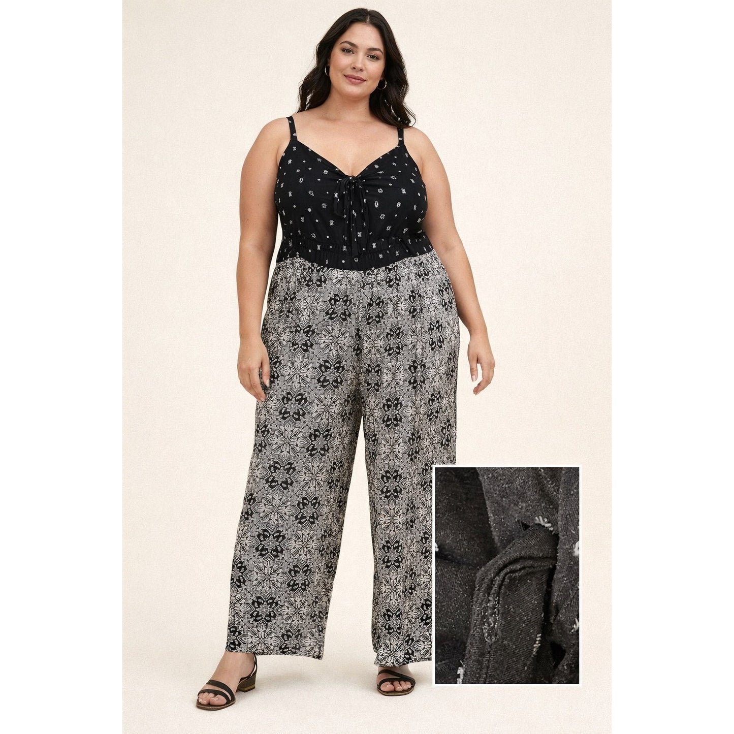 Torrid Size 2 Wide Leg Jumpsuit Black Boho Print Tie Front