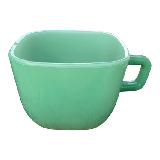 Vintage Glasbake Jadeite Square Coffee Cup | Green Milk Glass | Mid-Century D-Handle Mug