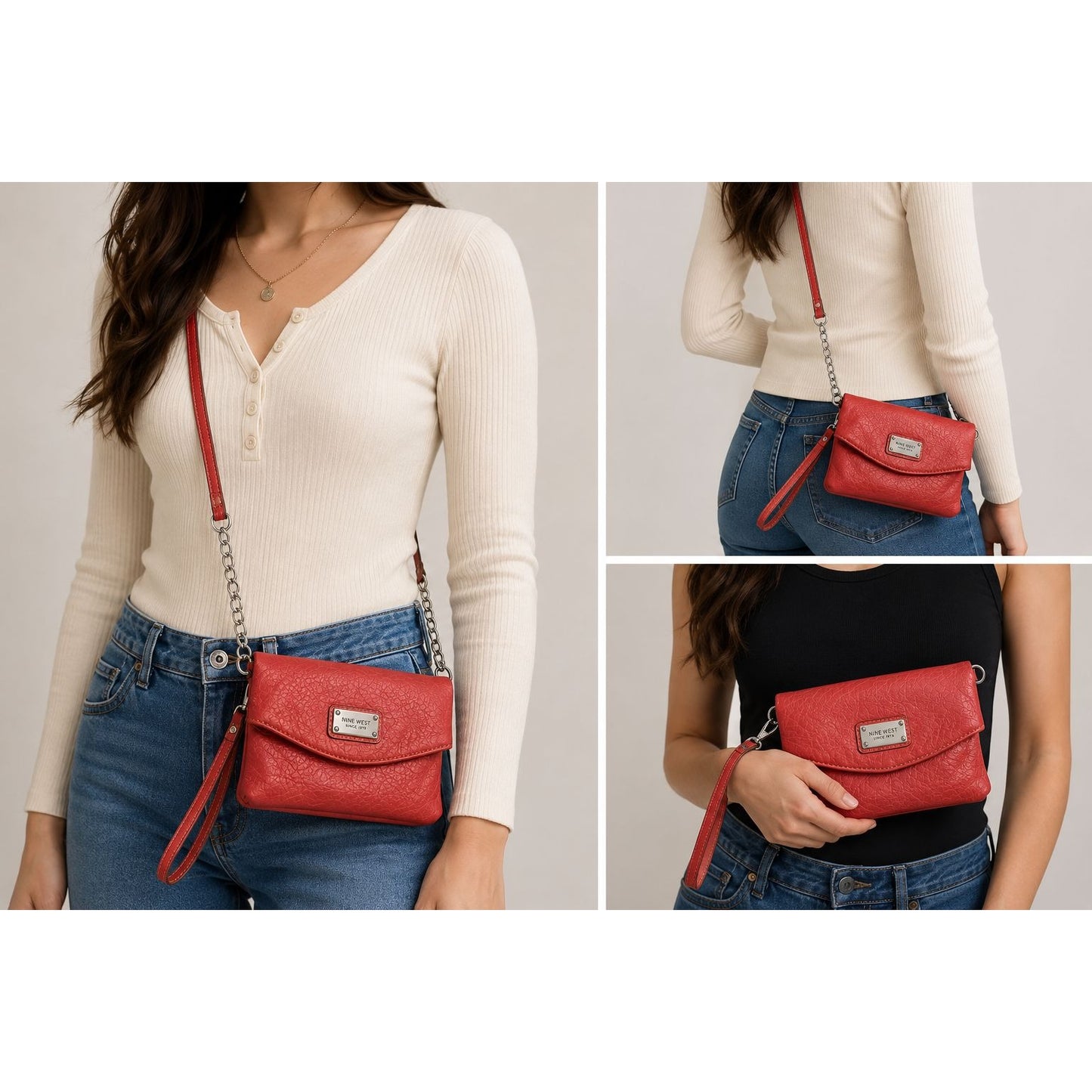 Nine West Red Crossbody Wristlet Purse Faux Leather Convertible Bag