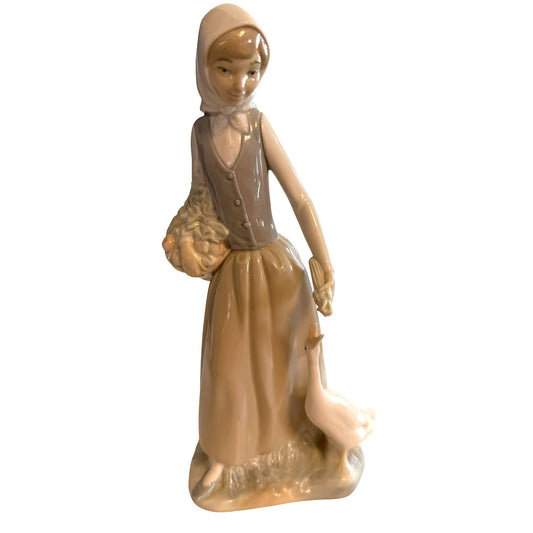 Vintage NAO by Lladró Girl Feeding Goose Porcelain Figurine Spain Basket Flowers