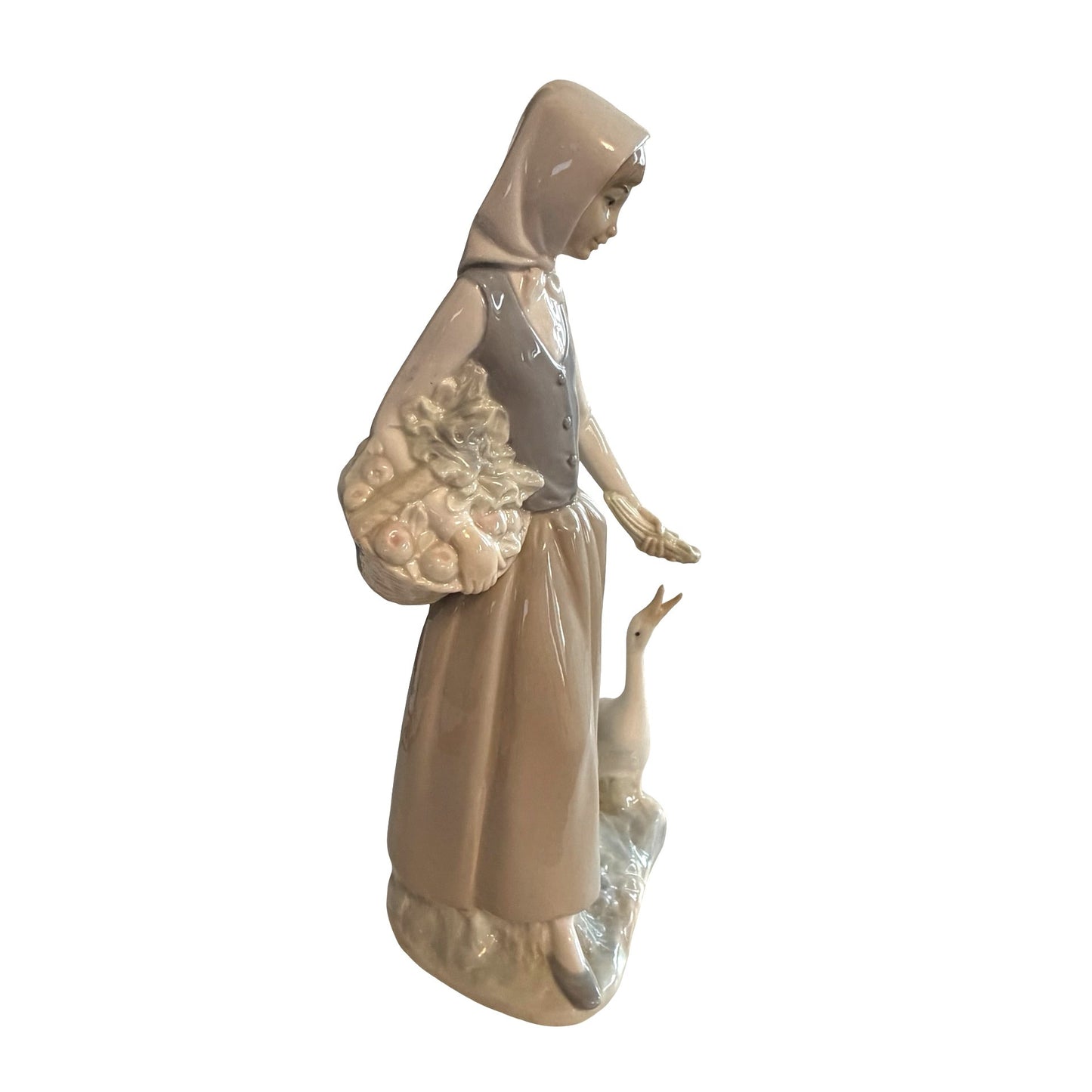 Vintage NAO by Lladró Girl Feeding Goose Porcelain Figurine Spain Basket Flowers