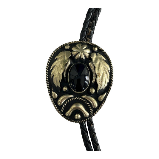 1980s Vintage Western Bolo Tie with Black Onyx-Style Stone and Gold Leaf Design – Braided Leather Cord