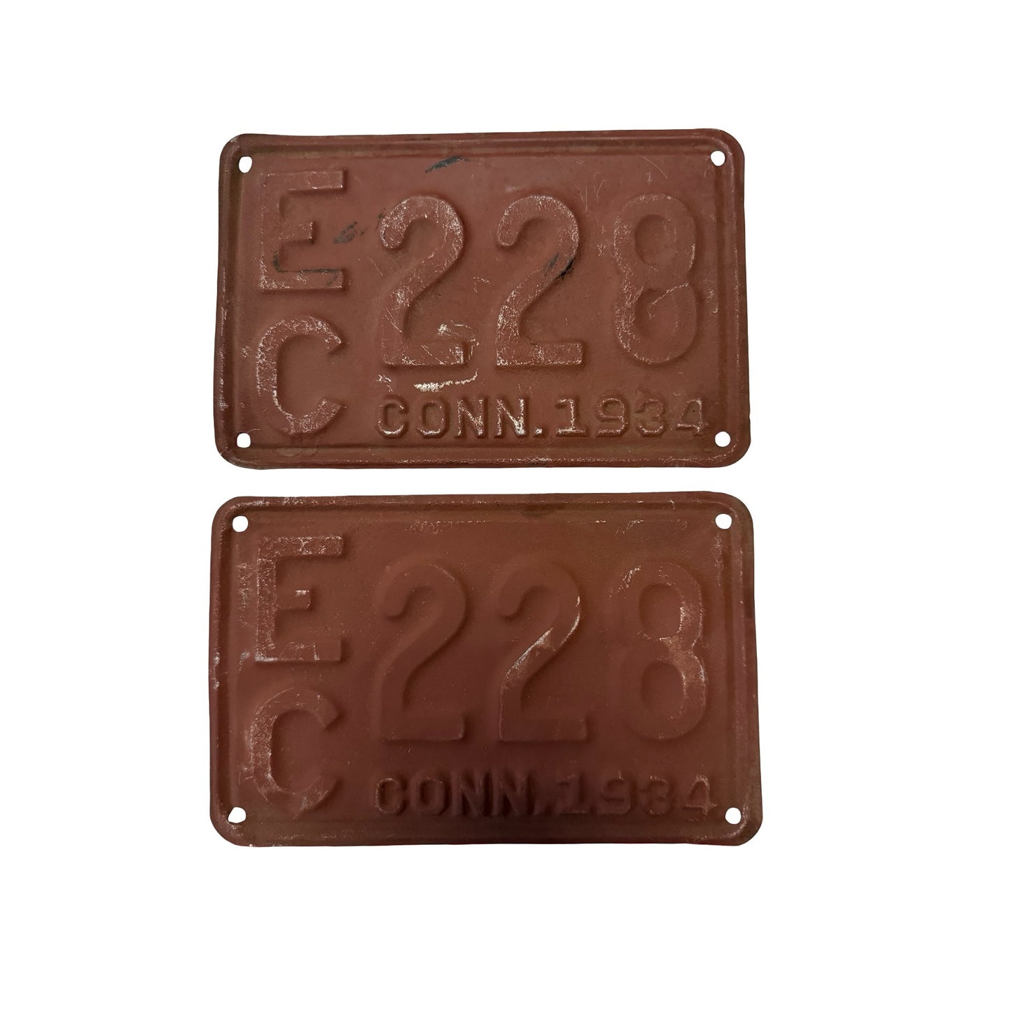 Vintage 1934 Connecticut License Plate Pair EC 228 Brown Embossed Matching Set