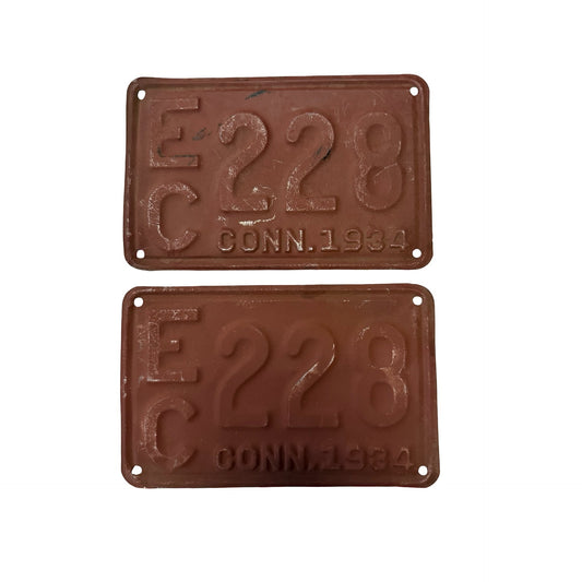 Vintage 1934 Connecticut License Plate Pair EC 228 Brown Embossed Matching Set