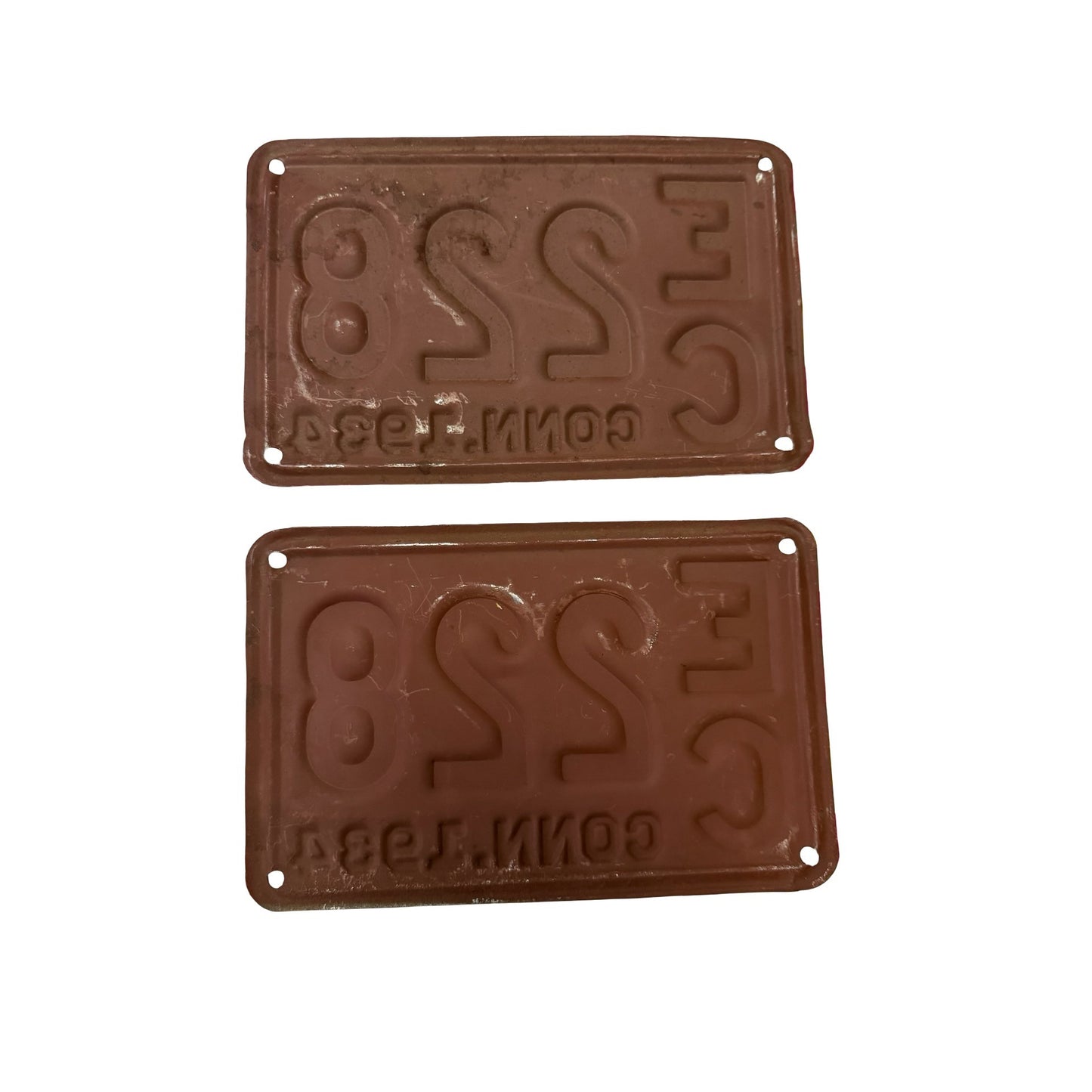 Vintage 1934 Connecticut License Plate Pair EC 228 Brown Embossed Matching Set