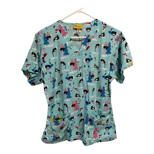 WonderWink Women’s Scrub Top Flamingo Print Aqua V-Neck Short Sleeve Size M