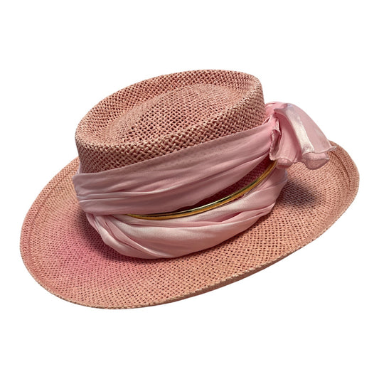 Vintage Pink Straw Hat with Sheer Scarf Wrap – Cushees S/M – Made in Mexico