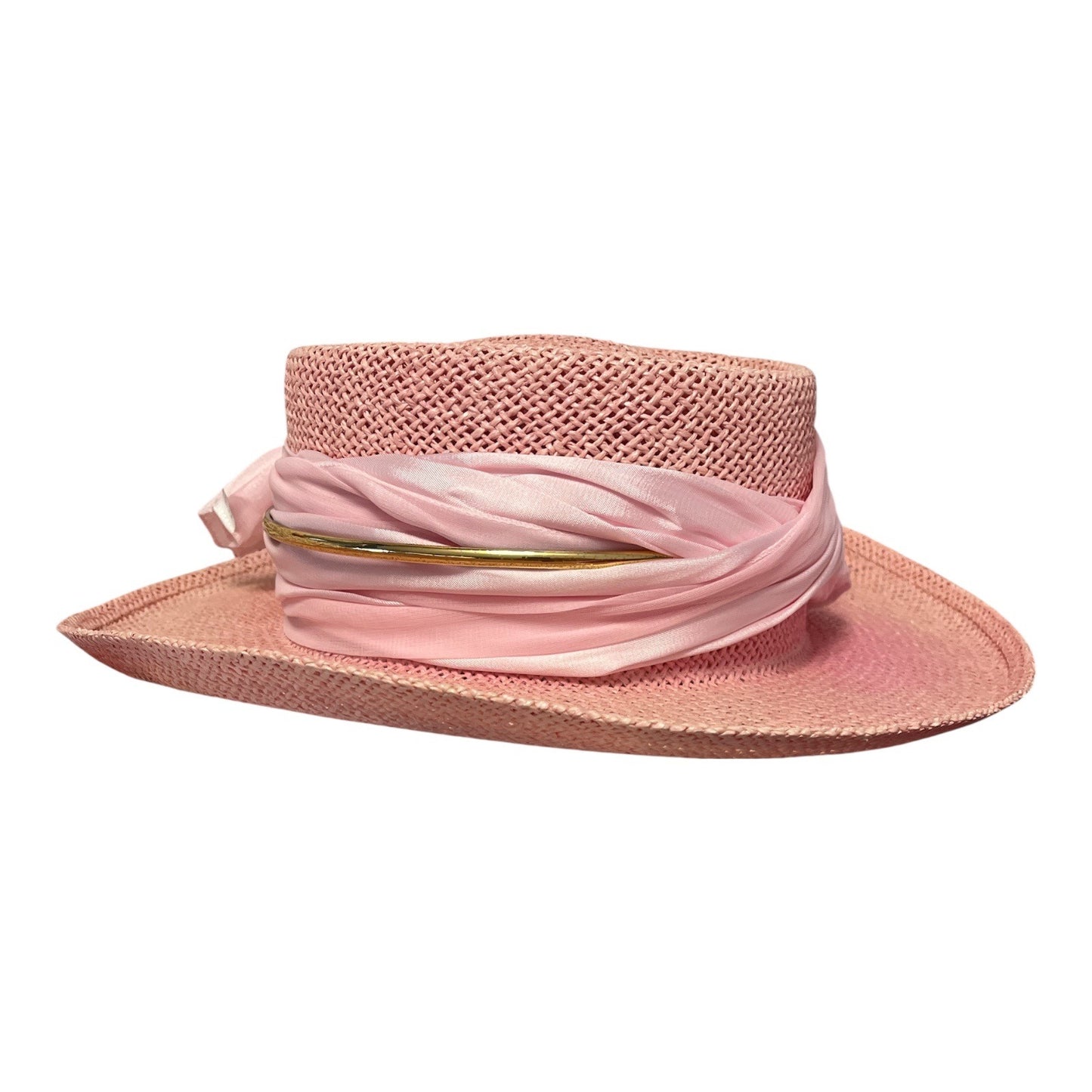 Vintage Pink Straw Hat with Sheer Scarf Wrap – Cushees S/M – Made in Mexico