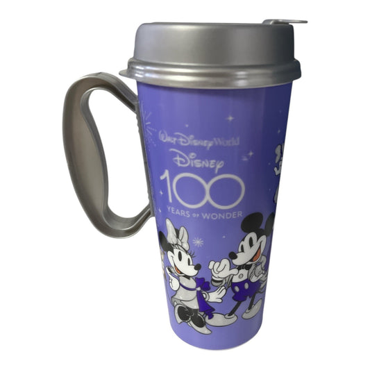 Disney World 100 Years of Wonder Travel Mug Mickey Minnie Goofy Purple