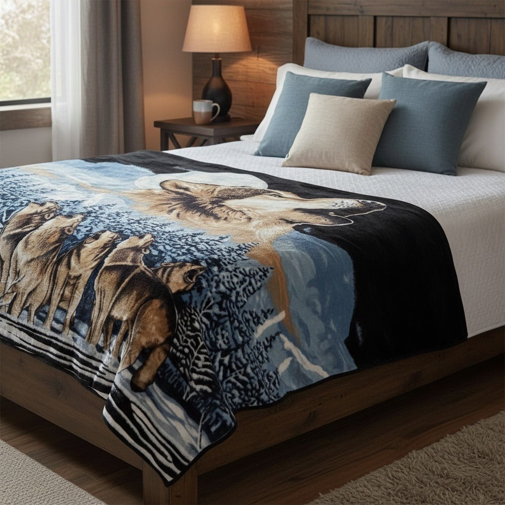 Vintage HAMA Wolf Blanket Made in Korea Super Soft Acrylic Large Throw