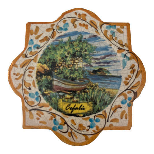 Hand Painted Cefalù Sicily Ceramic Tile Trivet Wall Plaque 6 Inch Italian Coastal Scene