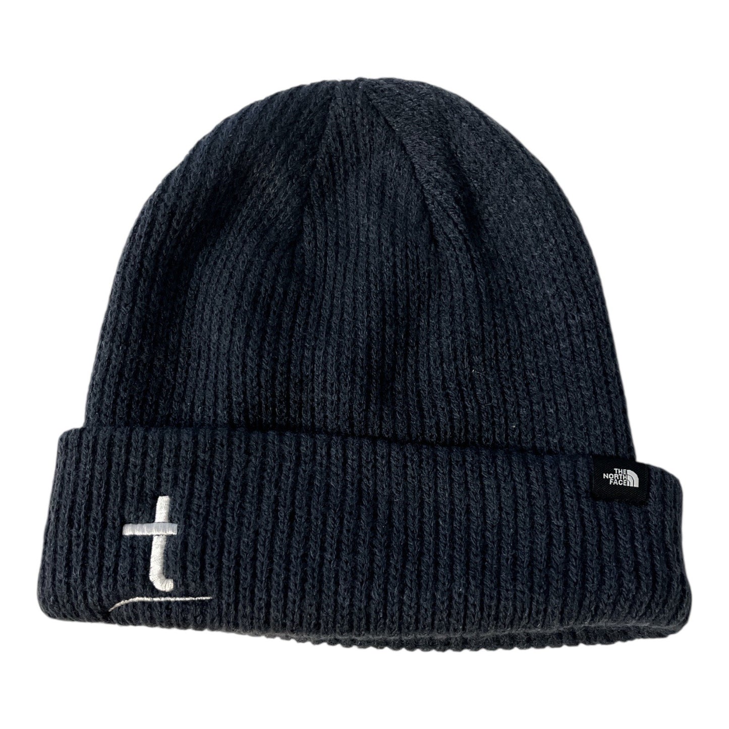 The North Face Blue Gray Knit Beanie Hat Unisex One Size Ribbed Cuff Custom T Embroidery