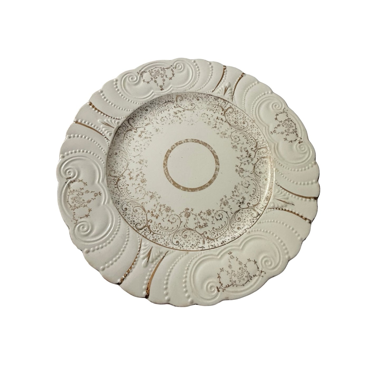 Thompson's Old Liverpool 1888 Cake Plate Serving Platter Embossed Gold Scrolls 10.5"