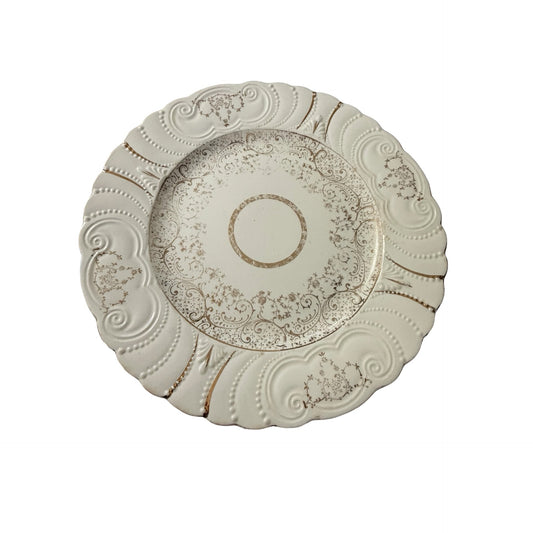 Thompson's Old Liverpool 1888 Cake Plate Serving Platter Embossed Gold Scrolls 10.5"