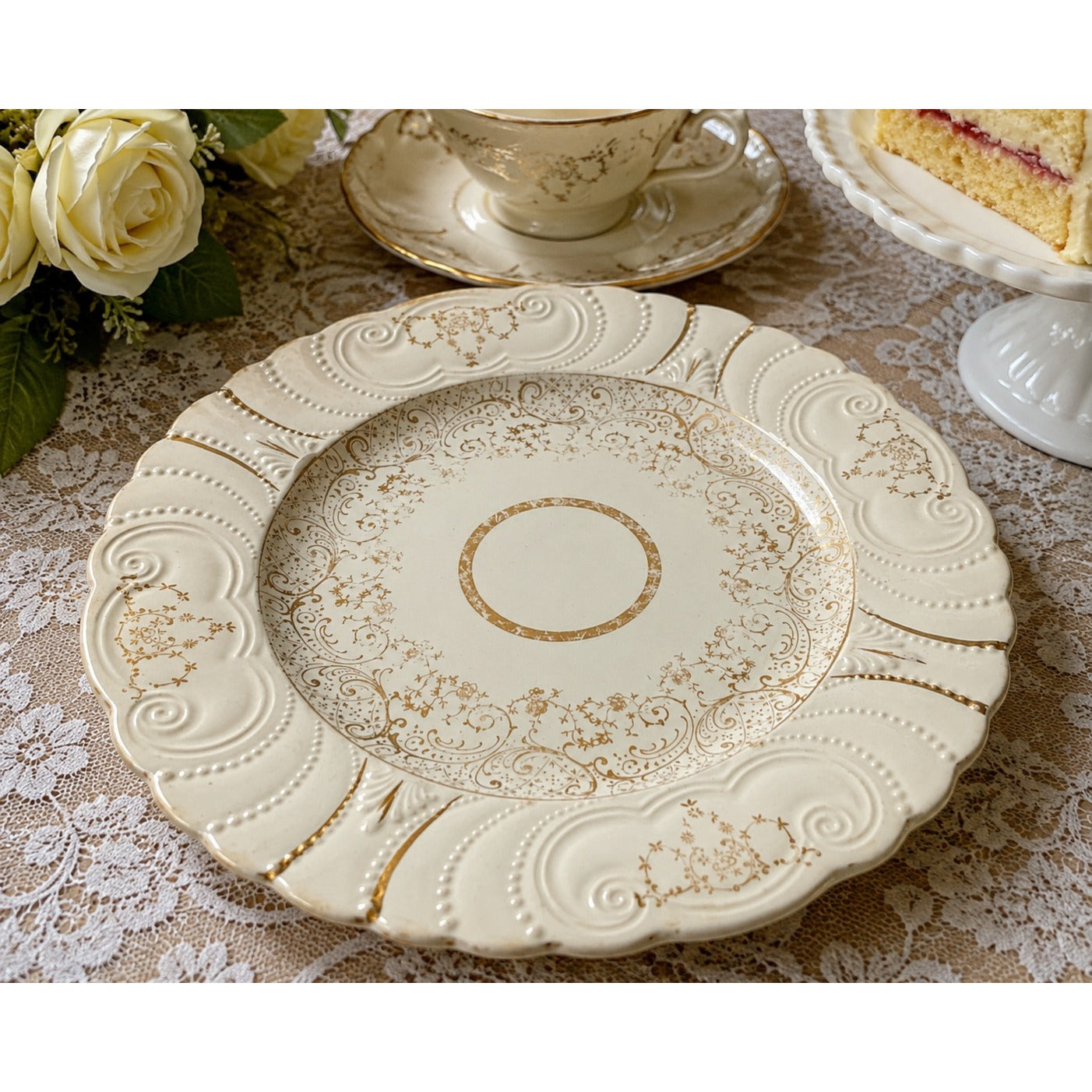 Thompson's Old Liverpool 1888 Cake Plate Serving Platter Embossed Gold Scrolls 10.5"