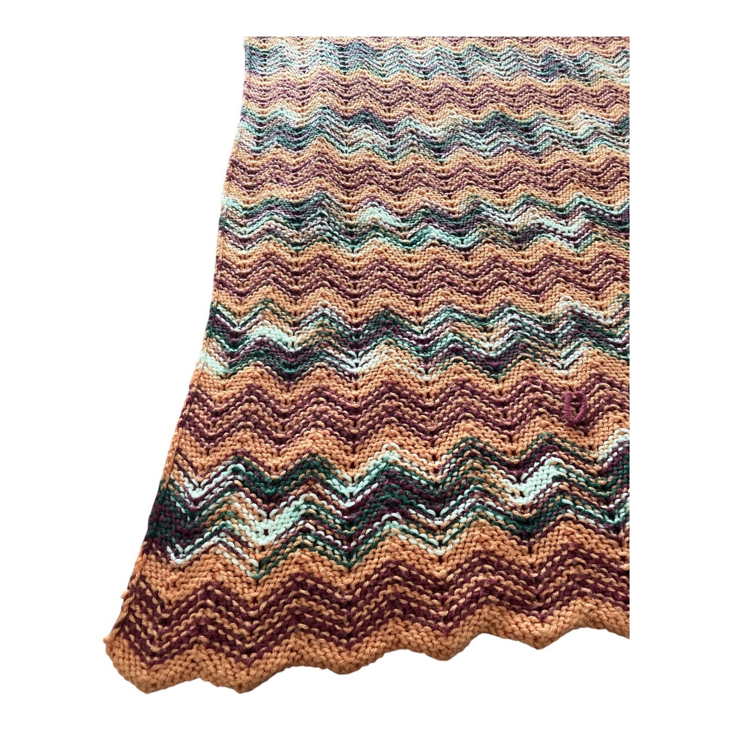 Vintage Hand-Knitted Chevron Blanket – 40 x 69 – Retro Zigzag Throw