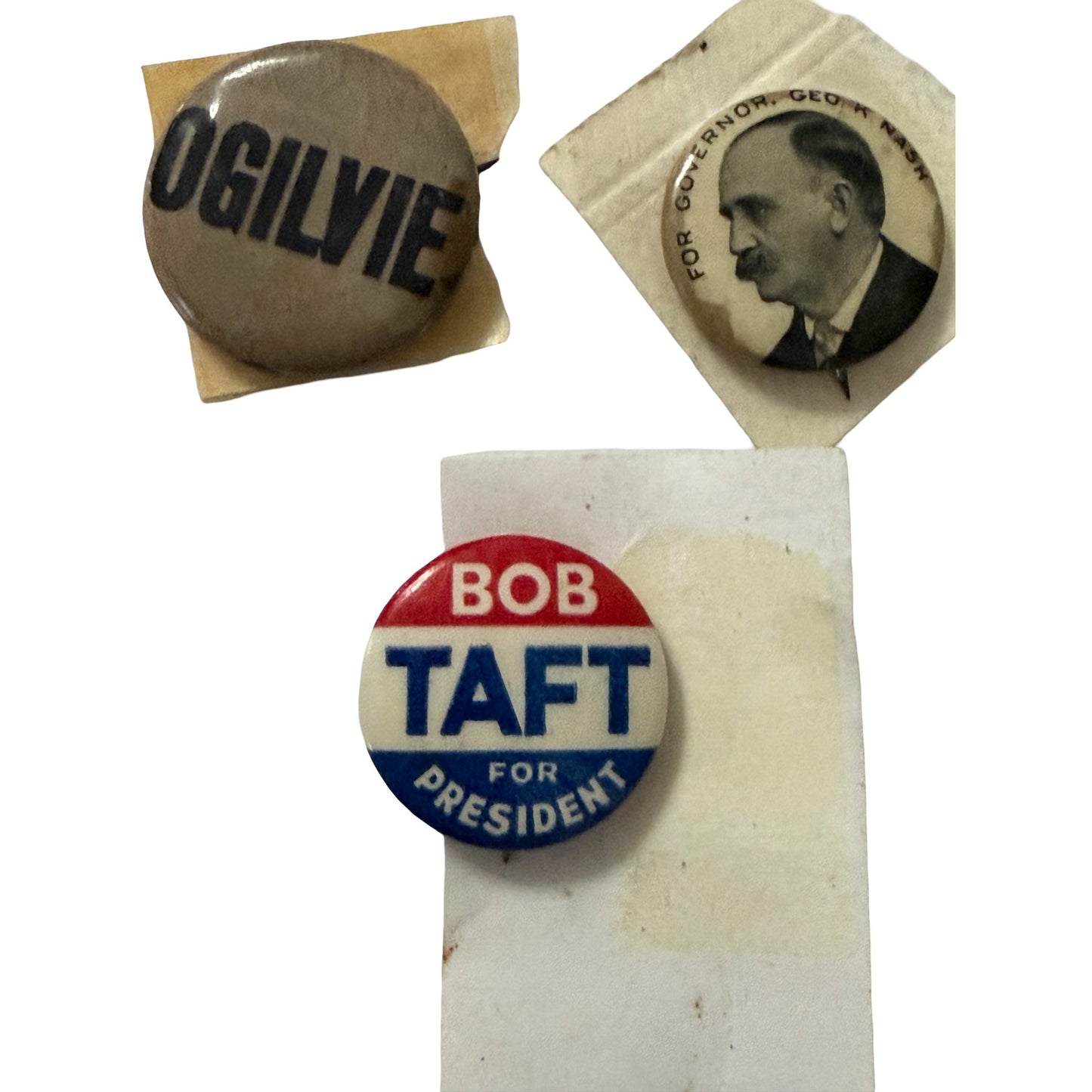Lot of 3 Vintage Political Campaign Pinback Buttons Bob Taft Ogilvie George Nash