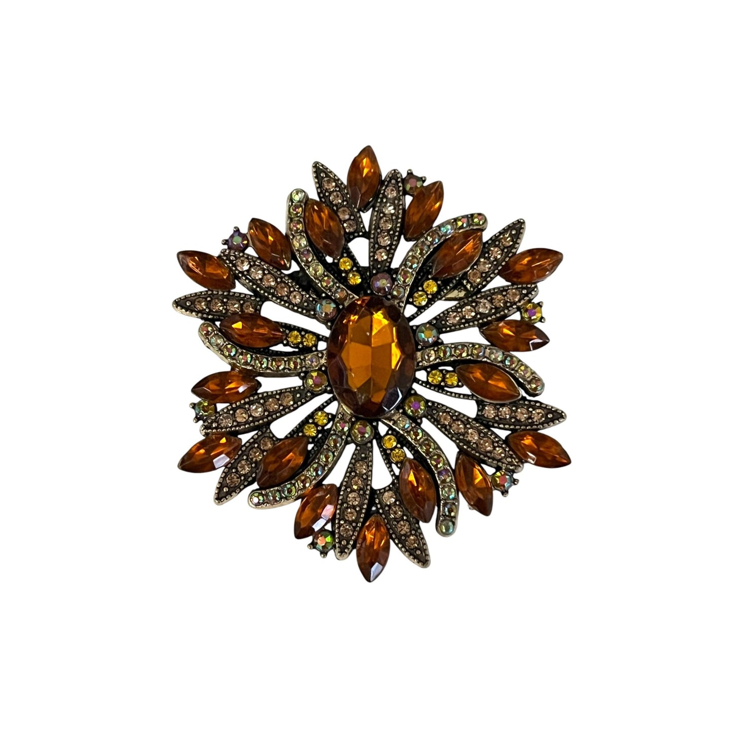 Vintage Amber Rhinestone Brooch Statement Pin Gold Tone AB Crystal 2.5”