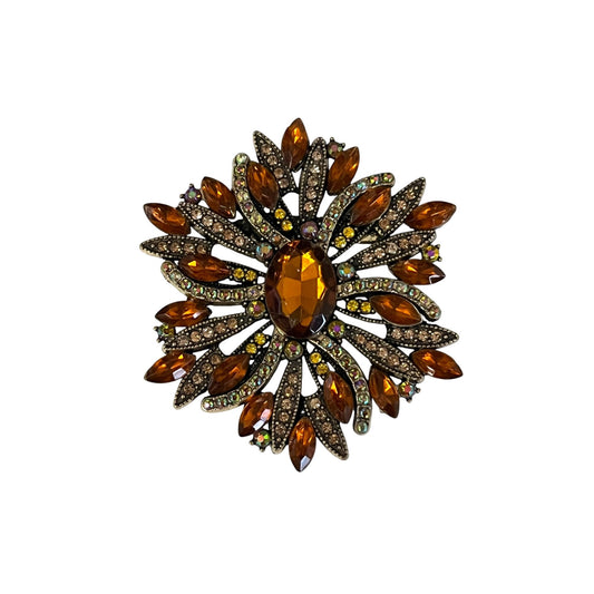 Vintage Amber Rhinestone Brooch Statement Pin Gold Tone AB Crystal 2.5”