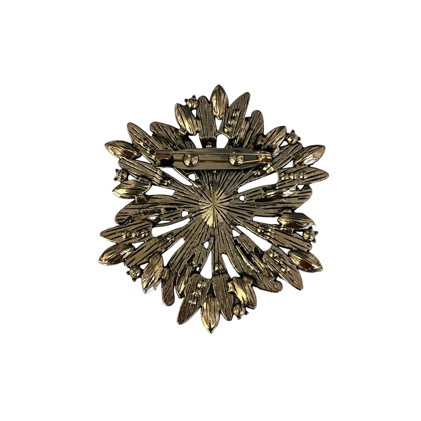 Vintage Amber Rhinestone Brooch Statement Pin Gold Tone AB Crystal 2.5”